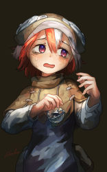 Rule 34 | 1girl, bags under eyes, brown background, capelet, dress, glass, hand up, hat, highres, holding, long sleeves, looking away, looking to the side, made in abyss, multicolored hair, orb, purple eyes, red hair, short hair, simple background, solo, streaked hair, sweat, two-tone hair, upper body, vueko, welt (kinsei koutenkyoku), white hair, worried