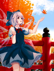 Rule 34 | 1girl, :d, absurdres, autumn, autumn leaves, blue bow, blue dress, blue eyes, blue hair, blurry, blurry background, bow, bowtie, breasts, cirno, depth of field, dress, eyebrows hidden by hair, falling leaves, feet out of frame, fence, hair between eyes, hair bow, hanairomomiji, highres, ice, ice wings, leaf, looking up, maple leaf, open mouth, outstretched arm, petticoat, puffy short sleeves, puffy sleeves, red bow, red bowtie, resolution mismatch, short hair, short sleeves, sky, small breasts, smile, solo, source smaller, standing, touhou, tree, wings