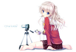 Rule 34 | 10s, 1girl, barefoot, blue eyes, camcorder, camera, charlotte (anime), digital media player, earbuds, earphones, feet, food, full body, highres, jacket, long hair, looking back, mouth hold, pink hair, pleated skirt, pocky, sailor collar, school uniform, shadow, short twintails, simple background, sitting, skirt, soles, solo, sora from france, toes, tomori nao, twintails, two side up, video camera, wariza, white background