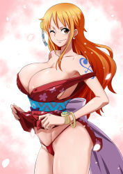 Rule 34 | 1girl, areola slip, bangle, bikini, bracelet, breasts, cleavage, clothes lift, collarbone, female focus, hair ornament, jewelry, large breasts, long hair, looking at viewer, minpei ichigo, nami (one piece), off shoulder, one piece, orange eyes, orange hair, red bikini, sash, smile, solo, swimsuit, tattoo