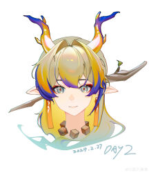 Rule 34 | 1girl, absurdres, arknights, blonde hair, brown pupils, chinese commentary, chromatic aberration, closed mouth, commentary request, cropped shoulders, dated, earrings, grey eyes, hair intakes, highres, horns, jewelry, kurosawa makotohiro, light smile, long hair, looking at viewer, multicolored hair, necklace, orange hair, orange horns, pointy ears, purple hair, purple horns, shu (arknights), simple background, solo, watermark, weibo logo, white background, white horns