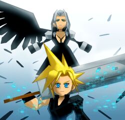 Rule 34 | 2boys, armor, asymmetrical sleeves, backlighting, black coat, black feathers, black vest, blonde hair, blue background, blue eyes, chest strap, cloud strife, coat, commentary request, expressionless, feathered wings, feathers, final fantasy, final fantasy vii, final fantasy vii advent children, floating, fusion swords, gradient background, green eyes, grey hair, hands up, long hair, looking at viewer, low poly, male focus, multiple boys, over shoulder, parted bangs, pauldrons, popochan-f, sephiroth, short hair, shoulder armor, single pauldron, single wing, spiked hair, sword, sword over shoulder, vest, weapon, weapon over shoulder, wings