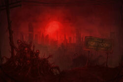 Rule 34 | apocalypse, body horror, cityscape, commentary, commission, english commentary, english text, flesh, fog, highres, holding, holding pole, horror (theme), melted together, outdoors, pile of corpses, pole, predo guerra, red sky, red sun, red theme, road sign, ruins, scp-001 (when day breaks), scp foundation, sign, skeleton, skull, sky, sun, utility pole