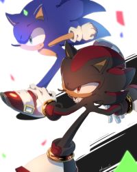 Rule 34 | 2boys, animal nose, bracelet, furry, furry male, gloves, jewelry, male focus, multiple boys, red eyes, running, shadow the hedgehog, shoes, simple background, sneakers, sonic (series), sonic the hedgehog, tondamanuke, white gloves