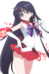 Rule 34 | 1girl, bishoujo senshi sailor moon, black hair, choker, earrings, female focus, gloves, hino rei, holding, holding paper, ixy, jewelry, legs, long hair, looking at viewer, magical girl, paper, red skirt, sailor mars, simple background, skirt, smile, solo, star (symbol), star earrings, thighs, tiara, upper body, very long hair, white background, white gloves