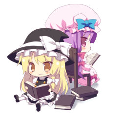 Rule 34 | 2girls, blonde hair, book, bow, chibi, female focus, full body, hat, kirisame marisa, long hair, meito (maze), multiple girls, open book, patchouli knowledge, pink bow, purple eyes, purple hair, reading, touhou, witch, witch hat, yellow eyes