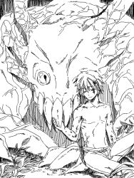 Rule 34 | 10s, 1boy, brother and sister, cosmos (sivla), closed eyes, flower, greyscale, hair flower, hair ornament, hairclip, hasegawa utsutsu, hasegawa yume, monochrome, monster, pupa, scar, scar across eye, scar on face, topless male, short hair, siblings, smile