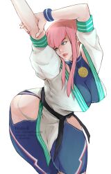 Rule 34 | 1girl, arms up, belt, black belt, breasts, capri pants, commentary request, dougi, highres, hip vent, holding own arm, impossible clothes, impossible shirt, instagram username, large breasts, leaning forward, looking to the side, manon legrand, martial arts belt, medallion, nishinb, pants, panty straps, pink hair, pink lips, pink nails, pixiv username, shirt, short hair with long locks, solo, spandex, street fighter, street fighter 6, thick thighs, thighs, twitter username