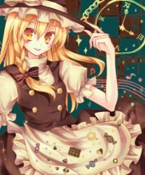 Rule 34 | 1girl, :p, bad id, bad pixiv id, blonde hair, clock, female focus, food, hat, ibara riato, kirisame marisa, long hair, ribbon, solo, tongue, tongue out, touhou, witch, witch hat, yellow eyes