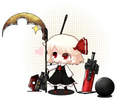 Rule 34 | 1girl, axe, bad id, bad pixiv id, blonde hair, chibi, cocozasa, flail, hair ornament, hair ribbon, heart, highres, holding, open mouth, red eyes, ribbon, rumia, scythe, short hair, simple background, smile, solo, sparkle, sword, touhou, weapon