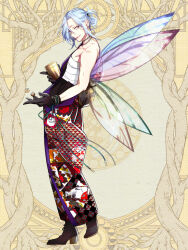 Rule 34 | 1boy, argyle, argyle clothes, argyle kimono, bead bracelet, bead necklace, beads, black footwear, black gloves, blue hair, boots, bracelet, chest sarashi, closed mouth, clovis aureole, cup, curtained hair, dairoku ryouhei, earrings, fairy wings, folded ponytail, from side, full body, gloves, green ribbon, hadanugi dousa, hanafuda, high heel boots, high heels, holding, holding cup, holding dice, japanese clothes, jewelry, kimono, light blue hair, looking at viewer, looking to the side, male focus, morino bambi, necklace, obi, open kimono, parted bangs, playing card print, print kimono, purple kimono, red eyes, ribbon, sarashi, sash, sidelocks, single bare arm, single bare shoulder, smile, standing, uroko (pattern), wings, wrist ribbon