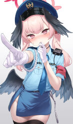 Rule 34 | 1girl, :t, absurdres, alternate costume, black thighhighs, black wings, blowing whistle, blue archive, blue hat, blue shirt, blue skirt, blush, closed mouth, collared shirt, cowboy shot, dress shirt, feathered wings, foreshortening, gloves, hair between eyes, halo, hand up, hat, head wings, highres, hip vent, holding, holding whistle, index finger raised, koharu (blue archive), long hair, miniskirt, nose blush, pencil skirt, pink eyes, pink hair, pink halo, pizza (pizzania company), police, police hat, police uniform, policewoman, shiny skin, shirt, short sleeves, side slit, simple background, skirt, solo, sweat, thighhighs, tsurime, twintails, uniform, v-shaped eyebrows, whistle, white background, white gloves, wings, zettai ryouiki