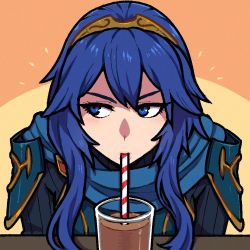 Rule 34 | 1girl, akairiot, blue eyes, blue hair, chocolate milk, drinking straw, drinking straw in mouth, fire emblem, fire emblem awakening, long hair, looking to the side, lucina (fire emblem), matching hair/eyes, nintendo, simple background, solo, symbol-shaped pupils