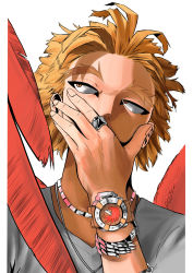 Rule 34 | blonde hair, boku no hero academia, bracelet, commentary, covering own mouth, derivative work, facial hair, feathered wings, feathers, grey shirt, hand on own face, hand over own mouth, hawks (boku no hero academia), highres, jewelry, looking up, male focus, necklace, portrait, pote to, red feathers, ring, shirt, simple background, solo, spiked hair, thick eyebrows, upper body, watch, white background, wings, wristwatch