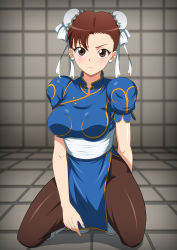 Rule 34 | 1990s (style), 1girl, blush, boots, breasts, brown eyes, brown hair, capcom, china dress, chinese clothes, chun-li, double bun, dress, earrings, fingernails, highres, jewelry, kneeling, large breasts, legs, looking at viewer, makeup, nail, pantyhose, serious, short hair, solo, street fighter, street fighter ii (series), thighs