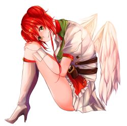 Rule 34 | 1girl, ayubee, boots, copyright request, dress, green eyes, high heel boots, high heels, highres, knee boots, long hair, looking at viewer, red hair, shirt, simple background, sitting, smile, solo, white background, white dress, white footwear, white shirt, white wings, wings