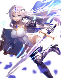 Rule 34 | 1girl, armor, bare shoulders, blue eyes, breasts, covered navel, greaves, hachirobe, high heels, highleg, highleg leotard, highres, holding, holding sword, holding weapon, knight, large breasts, leotard, long hair, original, shield, solo, sword, weapon, white hair