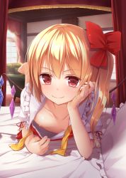 Rule 34 | 1girl, arm support, barefoot, bed, blonde hair, bow, canopy bed, clothes pull, collarbone, couch, curtains, downblouse, extended downblouse, flandre scarlet, flashing, flat chest, hair bow, legs up, looking at viewer, lying, naughty face, nipples, no bra, on bed, on stomach, oukatihiro, pillow, pink eyes, puffy sleeves, ribbon, shirt pull, short sleeves, side ponytail, smile, solo, touhou, window, wings