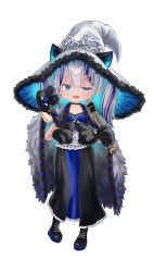 Rule 34 | 1girl, animal ear fluff, animal hands, baseball bat, black choker, black dress, black footwear, blue dress, blue eyes, blue hair, boots, braid, cape, child, choker, cloak, commentary, cosplay, cross-laced footwear, dress, elden ring, extra arms, facial mark, frilled dress, frills, fur-trimmed headwear, fur cape, fur cloak, fur trim, gloves, half-closed eye, hat, hat ornament, hat with ears, heart, heart facial mark, highres, holding, holding baseball bat, index fingers together, lace-up boots, large hat, looking at viewer, multicolored hair, nekomancer03, o-ring, o-ring choker, open mouth, paw gloves, ranni the witch, ranni the witch (cosplay), robe, rurine luna, simple background, solo, spanish commentary, star (symbol), star facial mark, streaked hair, two side up, v, virtual youtuber, wactor production, white background, white hair, white hat, witch hat