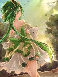 Rule 34 | 1girl, akimoto komachi, arm warmers, back, back bow, bow, brooch, butterfly brooch, butterfly earrings, butterfly hair ornament, clear glass (mildmild1311), cure mint, dress, earrings, forest, green eyes, green hair, green shorts, hair ornament, highres, jewelry, leaf, lips, long hair, looking at viewer, looking back, magical girl, nature, outdoors, precure, shorts, shorts under skirt, strapless, strapless dress, sunlight, sunset, tree, wind, yes! precure 5