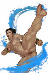 Rule 34 | 1girl, abs, absurdres, asian, ass, black hair, bracelet, breasts, capcom, chun-li, completely nude, dark labia, dima ivanov, earrings, feet, hair bun, hair ribbon, highres, jewelry, kicking, lipstick, makeup, medium breasts, medium hair, navel, nipples, nude, pussy, ribbon, simple background, soles, solo, street fighter, thick thighs, thighs, toes, toned, white background