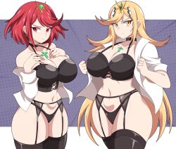 Rule 34 | 2girls, absurdres, abysswatchers, black corset, black panties, breasts, chest jewel, cleavage, corset, garter belt, garter straps, highres, large breasts, long hair, looking at viewer, multiple girls, mythra (xenoblade), off shoulder, open clothes, open shirt, panties, pyra (xenoblade), red eyes, shirt, short hair, standing, thighhighs, thong, tiara, underwear, white shirt, xenoblade chronicles (series), xenoblade chronicles 2, yellow eyes