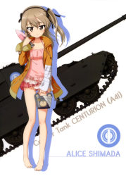 Rule 34 | 1girl, absurdres, barefoot, black hairband, black ribbon, boko (girls und panzer), brown eyes, casual one-piece swimsuit, centurion (tank), character name, collarbone, floating hair, full body, girls und panzer, hair between eyes, hair ribbon, hairband, highres, holding, jacket, light brown hair, long hair, long sleeves, looking at viewer, military, military vehicle, motor vehicle, one-piece swimsuit, orange jacket, pink one-piece swimsuit, ribbon, shimada arisu, side ponytail, solo, standing, swimsuit, tank, white background