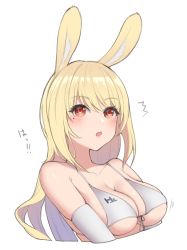 Rule 34 | 1girl, ^^^, animal ears, bare shoulders, bikini, bikini top only, blonde hair, blush, breasts, cleavage, collarbone, commentary request, cropped torso, elbow gloves, gloves, kurone rinka, large breasts, long hair, mole, mole under eye, open mouth, original, rabbit ears, red eyes, simple background, solo, string bikini, swimsuit, translation request, underboob, upper body, white background, white bikini, white gloves