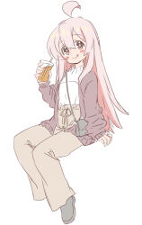 Rule 34 | 1girl, :q, absurdres, ahoge, bag, blush stickers, brown eyes, casual, commentary, cup, disposable cup, dot nose, english commentary, full body, genderswap, genderswap (mtf), hair between eyes, head tilt, highres, holding, holding cup, jacket, long hair, long sleeves, looking at viewer, mayoineko, onii-chan wa oshimai!, open clothes, open jacket, oyama mahiro, pants, pink hair, shirt, shoes, shoulder bag, simple background, sitting, sketch, sleeves past wrists, smile, solo, tongue, tongue out, very long hair, white background, white shirt