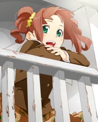 Rule 34 | 1girl, arm support, bad id, bad pixiv id, balcony, brown hair, crossed arms, female focus, green eyes, idolmaster, idolmaster (classic), md5 mismatch, open mouth, scrunchie, smile, solo, takatsuki yayoi, thesale, twintails, wind
