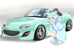 Rule 34 | 1girl, aqua hair, blue dress, blue eyes, boots, bow, car, convertible, dress, eunos roadster, frilled footwear, hair bow, hands on own cheeks, hands on own face, highres, huge bow, mazda mx-5, mazda mx-5 nc, motor vehicle, mugi (marineblue134), open mouth, original, personification, shadow, smile, solo, squatting, stance (vehicle), vehicle and personification, vehicle focus, white footwear