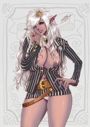 Rule 34 | 1girl, 2017, areola slip, areolae, bracelet, breasts, breasts outside, bursting breasts, business suit, cleavage, curvy, dark-skinned, dark elf, dark skin, dark skinned female, earrings, elf, female focus, formal, hair ornament, hand on hip, huge breasts, impossible clothes, jewelry, lips, lipstick, long hair, looking at viewer, makeup, microskirt, minidress, miniskirt, mole, mole under eye, nail polish, navel, necklace, open clothes, original, panties, pantyshot, parted lips, pointy ears, signature, silver hair, skirt, smile, solo, standing, suit, tatsunami youtoku, unbuttoned, unbuttoned shirt, underwear