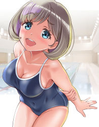 Rule 34 | 1girl, arm behind back, bare arms, bare shoulders, blue eyes, blue one-piece swimsuit, blush, bob cut, breasts, brown hair, cleavage, collarbone, competition school swimsuit, covered navel, cowboy shot, eyelashes, gonta (gshoutai), groin, highres, holding own arm, large breasts, leaning forward, looking at viewer, love live!, love live! superstar!!, one-piece swimsuit, open mouth, school swimsuit, short hair, skindentation, smile, solo, spaghetti strap, swimsuit, tang keke, teeth, thick eyebrows, upper teeth only