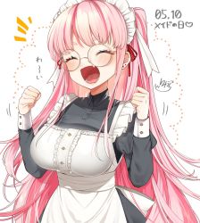 Rule 34 | 1girl, apron, blush, breasts, center frills, clenched hands, closed eyes, dated, dress, earrings, fang, frills, glasses, highres, jewelry, large breasts, long hair, long sleeves, maid day, maid headdress, multicolored hair, open mouth, original, piercing, pink hair, red hair, ryura (negi-mamire), shouting, simple background, smile, streaked hair, tongue, tongue piercing, two side up, upper body, very long hair