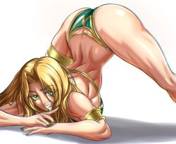 Rule 34 | 1girl, armlet, ass, back, backboob, bikini, blonde hair, breasts, fate/grand order, fate (series), green bikini, green eyes, jack-o&#039; challenge, long hair, muscular, muscular female, nail polish, o-ring, quetzalcoatl (fate), red nails, simple background, smile, solo, spread legs, swimsuit, teeth, thighlet, thighs, top-down bottom-up, white background, zantyarz