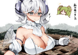 Rule 34 | 2girls, breasts, choker, cleavage, closed eyes, closed mouth, cuffs, duel monster, earrings, green hair, grey eyes, highres, horns, jewelry, large breasts, lovely labrynth of the silver castle, multiple girls, partially translated, se-u-ra, shaded face, silver hair, translation request, trapped, traptrix sera, twintails, wings, yu-gi-oh!