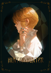 Rule 34 | 1boy, adjusting earrings, bags under eyes, blonde hair, border, chain, closed mouth, collared shirt, copyright name, earrings, expressionless, framed, frilled shirt collar, frills, gem, green gemstone, hand up, highres, hunter x hunter, jewelry, kurapika, long sleeves, male focus, profile, qiuyanga, red eyes, red gemstone, ring, shirt, short hair, solo, upper body, white shirt