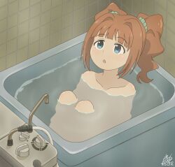 Rule 34 | 1girl, bathing, bathroom, bathtub, blue eyes, blush, bow, brown hair, completely nude, dated, faucet, green bow, hair bow, highres, idolmaster, idolmaster (classic), idolmaster million live!, idolmaster million live! theater days, kirie dou, knees up, long hair, looking at viewer, looking up, nude, open mouth, partially submerged, signature, sitting, solo, steam, takatsuki yayoi, twintails