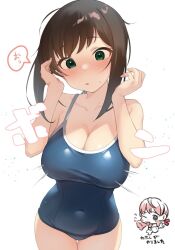 Rule 34 | 2girls, akashi (kancolle), alternate breast size, blue one-piece swimsuit, blush, breasts, brown hair, cleavage, dot nose, fubuki (kancolle), green eyes, hair ribbon, head tilt, holding, holding wrench, kantai collection, large breasts, long hair, looking at viewer, multiple girls, one-piece swimsuit, one eye closed, parted lips, pink hair, red ribbon, ribbon, sakieko, school swimsuit, sidelocks, simple background, solo, solo focus, sweatdrop, swimsuit, tongue, tongue out, translation request, white background, wrench