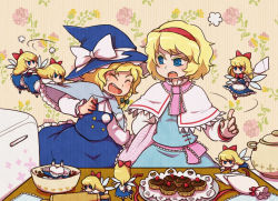 Rule 34 | 2girls, alice margatroid, blonde hair, blue eyes, capelet, chocolate, doily, closed eyes, female focus, food, hat, heart, kirisame marisa, kty (04), kty (pixiv), mixing bowl, multiple girls, open mouth, pastry bag, plate, shanghai doll, spade, table, touhou, witch hat
