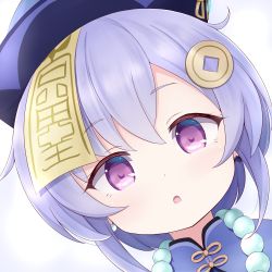 Rule 34 | 1girl, bead necklace, beads, blush, coin hair ornament, dress, genshin impact, hair ornament, hat, highres, jewelry, jiangshi, looking at viewer, natsu (927013), necklace, open mouth, purple dress, purple eyes, purple hair, qingdai guanmao, qiqi (genshin impact), solo