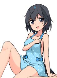 Rule 34 | 1girl, :d, absurdres, alternate costume, bare arms, bare shoulders, bird girl, bird tail, black eyes, black hair, blue bow, blue dress, blush, bow, breasts, collarbone, commentary, covering privates, covering breasts, dress, halter dress, halterneck, head wings, highres, kemono friends, knee up, looking at viewer, medium breasts, open mouth, polka dot, polka dot dress, shiraha maru, short dress, sideboob, simple background, sitting, sketch, sleeveless, sleeveless dress, smile, solo, superb bird-of-paradise (kemono friends), symbol-only commentary, tail, twitter username, unfinished, white background, wings