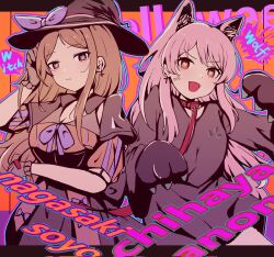 2girls animal_ears animal_hands ansy09080527 bang_dream! bang_dream!_it&#039;s_mygo!!!!! black_dress black_hat blue_outline brown_hair character_name chihaya_anon collar commentary corrupted_twitter_file dress earrings fang gloves halloween halloween_costume hat heart heart-shaped_pupils highres jewelry leash long_hair looking_at_viewer multiple_girls nagasaki_soyo open_mouth outline paw_gloves pink_hair red_collar red_eyes short_sleeves symbol-only_commentary symbol-shaped_pupils witch_hat wolf_ears