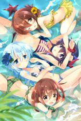 Rule 34 | 4girls, :d, :p, ;d, akatsuki (kancolle), ass, bad id, bad pixiv id, bikini, black hair, blue bikini, blue eyes, blue flower, blue hair, blurry, blurry foreground, blush, breasts, brown eyes, brown hair, camouflage, camouflage bikini, closed mouth, commentary request, cowboy shot, day, depth of field, fang, flower, folded ponytail, from above, green bikini, green scrunchie, hair between eyes, hair flower, hair ornament, hairclip, hibiki (kancolle), highres, hizuki yayoi, ikazuchi (kancolle), inazuma (kancolle), kantai collection, long hair, looking at viewer, lying, mismatched bikini, multiple girls, navel, on back, on side, on stomach, one eye closed, open mouth, outdoors, partially submerged, plaid, plaid bikini, plaid scrunchie, polka dot, polka dot bikini, purple eyes, purple hair, red bikini, red scrunchie, scrunchie, seashell, shallow water, shell, short hair, side-tie bikini bottom, silver hair, small breasts, smile, starfish, striped bikini, striped bikini top, striped clothes, sunflower, sunflower hair ornament, swimsuit, tongue, tongue out, very long hair, water, wrist scrunchie, yellow bikini, yellow flower