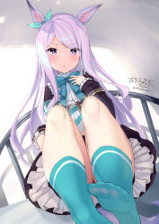 Rule 34 | 1girl, absurdres, aqua bow, aqua socks, artist name, black dress, bow, chestnut mouth, dress, ear bow, feet, foot focus, frilled dress, frills, highres, horse tail, knees up, long hair, looking at viewer, mejiro mcqueen (umamusume), necktie, no shoes, ochinsama, on bed, open mouth, presenting foot, purple eyes, purple hair, signature, socks, soles, solo, striped necktie, tail, toes, umamusume, very long hair