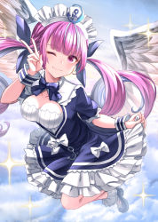 Rule 34 | 1girl, anchor symbol, angel wings, blush, breasts, cleavage, cloud, collarbone, colored inner hair, commentary request, drill hair, frills, full body, highres, hololive, long hair, looking at viewer, maid headdress, medium breasts, minato aqua, minato aqua (1st costume), multicolored hair, one eye closed, purple eyes, purple hair, ribbon, sky, smile, solo, sparkle, tazaki hayato, twin drills, v, virtual youtuber, wings