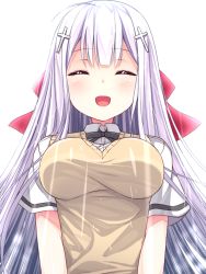 Rule 34 | 10s, 1girl, :d, ^ ^, ahoge, backlighting, black bow, blunt bangs, blush, bow, bowtie, breasts, closed eyes, collared shirt, cross, cross hair ornament, facing viewer, gabriel dropout, hair bow, hair ornament, happy, large breasts, light rays, long hair, open mouth, raphiel shiraha ainsworth, red bow, school uniform, shirt, short sleeves, sidelocks, simple background, smile, solo, straight hair, sweater vest, taut clothes, upper body, usume shirou, v arms, very long hair, white background, white hair, white shirt