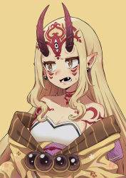 Rule 34 | 1girl, bare shoulders, blonde hair, blush, breasts, cleavage, collarbone, commentary, ear blush, earrings, facial mark, fang, fate/grand order, fate (series), highres, horns, ibaraki douji (fate), japanese clothes, jewelry, kimono, long hair, looking away, looking to the side, off shoulder, oni horns, oogushi aritomo, open mouth, pointy ears, simple background, small breasts, solo, sweatdrop, tattoo, upper body, yellow background, yellow eyes