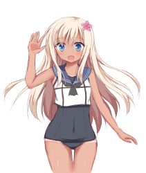 Rule 34 | 10s, 1girl, blonde hair, blue eyes, crop top, d-savio, flower, hair flower, hair ornament, highres, kantai collection, long hair, one-piece swimsuit, open mouth, ro-500 (kancolle), sailor collar, school swimsuit, solo, swimsuit, tan, tanline, thighs, tongue, waving