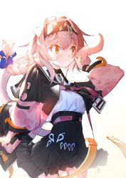 Rule 34 | 1girl, absurdres, animal ears, arknights, black jacket, black skirt, blue bow, bow, braid, breasts, brown eyes, cat ears, cat girl, cat tail, cic tatsumi, closed mouth, commentary request, frilled skirt, frills, goldenglow (arknights), hair between eyes, hair bow, hand up, highres, jacket, lightning bolt print, long sleeves, looking away, open clothes, open jacket, puffy long sleeves, puffy sleeves, shirt, simple background, single braid, skirt, small breasts, smile, solo, tail, white background, white shirt